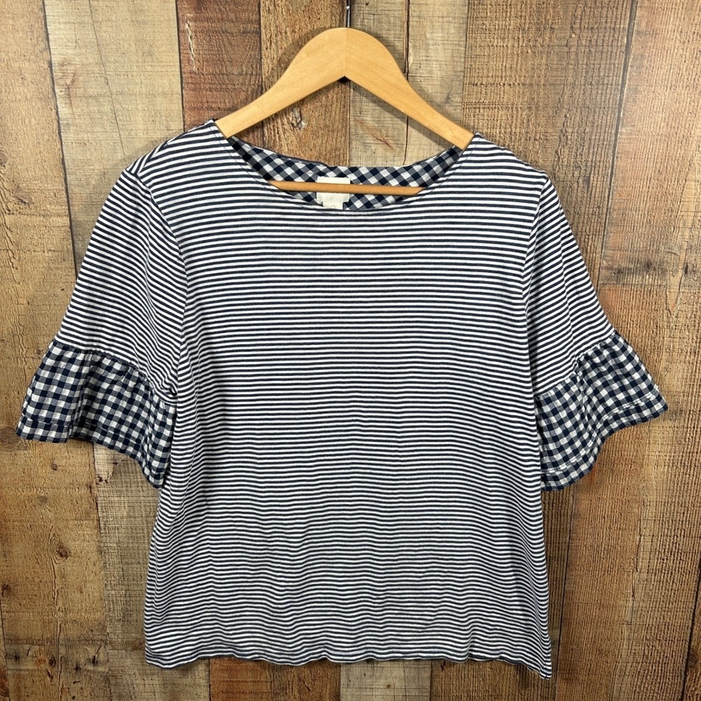 Chicos Striped Gingham Ruffle Sleeve Top Navy White 2 Large Mixed Media Coastal